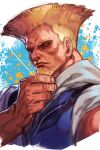  1boy beard blonde_hair blue_eyes closed_mouth facial_hair guile hand_on_own_chin hankuri male_focus muscular muscular_male short_hair solo street_fighter street_fighter_6 upper_body 