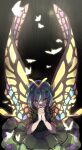  1girl antennae aqua_hair butterfly_wings closed_mouth dagasitotaiyou dress eternity_larva fairy green_dress hair_between_eyes highres leaf leaf_on_head multicolored_clothes multicolored_dress orange_eyes short_hair short_sleeves smile solo touhou wings 