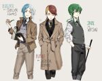  3others androgynous bangs blonde_hair blue_eyes blue_hair book closed_eyes coat collared_shirt cosplay detective dress_shirt euclase_(houseki_no_kuni) formal green_hair grey_hair hair_between_eyes hair_rings hand_in_pocket highres holding holding_book houseki_no_kuni jade_(houseki_no_kuni) looking_at_another multicolored_hair multiple_others necktie pale_skin parody parted_bangs redhead roru_(lol_dessin) rutile_(houseki_no_kuni) sherlock_holmes sherlock_holmes_(cosplay) shirt short_hair sidelocks smile smoking_pipe suit sweater_vest swept_bangs vest 
