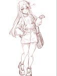  1girl absurdres bag casual clothing_cutout eyebrows_visible_through_hair full_body girls_frontline heart highres holding holding_bag long_hair long_sleeves monochrome one_side_up pencil_skirt peroronti scar scar_across_eye shirt shirt_tucked_in shoes shoulder_cutout simple_background skirt smile solo ump45_(girls&#039;_frontline) white_background 