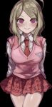  1girl ahoge akamatsu_kaede blonde_hair blush danganronpa_(series) danganronpa_v3:_killing_harmony hair_ornament highres looking_at_viewer musical_note musical_note_hair_ornament musical_note_print necktie parted_lips pink_eyes pink_skirt pink_sweater_vest pleated_skirt red_tie skirt smile sweater_vest symbol-only_commentary yumachansan 