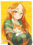  029bdpq 1girl ahoge animal braid cardigan cat commission food fruit full_body green_background holding holding_animal holding_cat long_sleeves looking_at_viewer multicolored_hair orange_(fruit) orange_eyes orange_hair orange_slice original skeb_commission smile solo streaked_hair sweater turtleneck turtleneck_sweater two-tone_hair white_hair white_sweater 