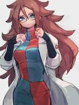 1girl android_21 blue_eyes breasts checkered_clothes checkered_dress closed_mouth dragon_ball dragon_ball_fighterz dress earrings glasses grey_background hair_between_eyes hoop_earrings jewelry kemachiku labcoat long_hair medium_breasts red_ribbon_army redhead ring simple_background solo