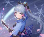  1girl armor back_bow bangs black_gloves blue_bow blue_eyes blue_hair blue_jacket blunt_bangs blurry bow cherry_blossoms chinese_knot closed_mouth collared_jacket commentary dou elbow_gloves falling_petals genshin_impact gloves hair_ornament hand_up jacket japanese_armor kamisato_ayaka kote kusazuri large_bow long_hair looking_at_viewer looking_to_the_side menthol_(rzsz4582) mole mole_under_eye partially_fingerless_gloves petals ponytail snowflakes solo tassel vision_(genshin_impact) 