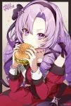  +_+ 1girl bangs bare_shoulders border breasts burger commentary dress drill_hair eating food gradient gradient_background headband highres holding holding_food hyakumantenbara_salome light_purple_hair long_hair long_sleeves medium_breasts nijisanji off-shoulder_dress off_shoulder parted_bangs purple_headband red_dress signature simple_background solo sparkle translation_request upper_body violet_eyes virtual_youtuber yellow_background yomo_(rb_crr) 