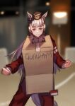  1girl absurdres animal_ears bangs blurry blurry_background box cardboard_box cardboard_box_gundam clenched_hands closed_mouth english_text glglpanda gold_ship_(umamusume) grey_hair highres horse_ears horse_girl horse_tail jacket looking_at_viewer pants pillbox_hat red_jacket red_pants smile solo standing tail track_jacket track_pants umamusume v-shaped_eyebrows 