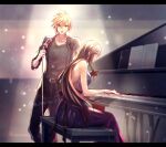  1boy 1girl backless_dress backless_outfit bare_shoulders belt black_hair black_jacket blonde_hair blue_dress blue_eyes breasts cloud_strife collarbone dress final_fantasy final_fantasy_vii final_fantasy_vii_remake holding holding_microphone_stand instrument jacket large_breasts long_hair microphone_stand minato_(ct_777) music open_mouth pants playing_instrument playing_piano red_eyes shirt sitting sleeveless sleeveless_dress spiky_hair tifa_lockhart twitter_username 
