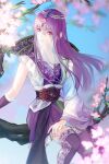  1girl absurdres blue_sky blurry blurry_background cherry_blossoms flower highres leaf long_hair looking_to_the_side open_mouth purple_hair qin_shi_ming_yue shao_siming_(qin_shi_ming_yue) sitting sky smile solo sparkle teeth thigh-highs upper_body veil yu_yao 