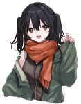  1girl bangs black_hair blush breasts brown_eyes eyebrows_visible_through_hair highres jacket kamisuiori kantai_collection long_sleeves looking_at_viewer medium_breasts off_shoulder official_alternate_costume open_clothes open_jacket open_mouth orange_scarf scarf sendai_(kancolle) signature simple_background sleeves_past_wrists solo twintails two_side_up white_background 