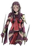  1girl absurdres braid breasts dark_skin dual_wielding earrings facial_mark fire_emblem fire_emblem:_three_houses fire_emblem_warriors:_three_hopes ganbaru_(tkstsukachiku) gloves highres holding jewelry kimoyo_(eihr_ankm) knife long_hair looking_at_viewer medium_breasts official_alternate_costume official_alternate_hairstyle petra_macneary purple_hair simple_background solo 