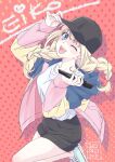  1girl ;d artist_name baseball_cap black_headwear black_shorts blonde_hair blue_eyes braid character_name dated hat hat_tip highres holding holding_microphone hood hooded_jacket jacket leg_up microphone no_socks noriko_mrsm one_eye_closed open_clothes open_jacket paripi_koumei pink_background shirt shoes shorts signature smile sneakers solo star_(symbol) starry_background teeth tsukimi_eiko twin_braids upper_teeth white_shirt 