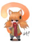  1girl :d animal_ear_fluff animal_ears bandaged_arm bandages bangs blonde_hair dokomon eyebrows_visible_through_hair fang girls_frontline grey_eyes hair_between_eyes hair_ornament hand_up idw_(girls&#039;_frontline) korean_text long_hair low_twintails pants puffy_pants red_scarf scarf shadow short_sleeves smile solo standing tail translation_request twintails v-shaped_eyebrows white_background white_pants wide_sleeves 