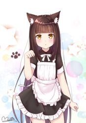  1girl alternate_costume apron azur_lane bangs black_hair blunt_bangs commentary_request enmaided eyebrows_visible_through_hair frilled_apron frilled_skirt frills long_hair looking_at_viewer m_ko_(maxft2) maid maid_apron nagato_(azur_lane) parted_lips paw_pose paw_print short_sleeves sidelocks signature simple_background skirt solo yellow_eyes 