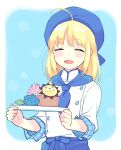  1girl 87banana ahoge alternate_hairstyle apron artoria_pendragon_(fate) bangs blue_apron blue_background blue_flower blue_headwear blue_necktie blue_rose blush border buttons chef_uniform closed_eyes commentary_request cupcake double-breasted fate/stay_night fate_(series) flower food hat holding holding_plate jacket lion looking_at_viewer necktie open_mouth plate rose saber short_hair simple_background smile solo waist_apron white_background white_jacket 