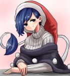  1girl absurdres black_capelet blue_eyes blue_hair blush book breasts capelet doremy_sweet dress eyebrows_visible_through_hair hat head_tilt highres ise_corridor looking_at_viewer nightcap off_shoulder pom_pom_(clothes) ribbed_sweater short_hair smile solo sweater tail tapir_tail touhou turtleneck upper_body 
