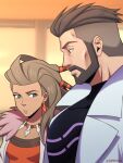 1boy 1girl artist_name beard black_bodysuit bodysuit closed_mouth earrings facial_hair from_side fur_trim jewelry labcoat large_pectorals long_hair looking_at_another meme muscular muscular_male necklace open_clothes open_labcoat parted_lips pectoral_envy_(meme) pectoral_focus pectorals pokemon pokemon_(game) pokemon_sv professor_sada professor_turo sada_(pokemon) short_hair turo_(pokemon) undercut zapphier
