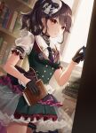  1girl :o absurdres bang_dream! bangs black_gloves black_hair black_necktie blue_bow book book_stack bookmark bookshelf bow breasts buttons collared_shirt cowboy_shot day double-breasted dutch_angle earrings emblem eyebrows_visible_through_hair frilled_shirt frilled_skirt frilled_sleeves frills futaba_tsukushi gem gloves green_skirt green_vest half_gloves hand_up hat hat_bow highres holding holding_book indoors jewelry layered_skirt light_particles looking_at_viewer medium_hair mini_hat miniskirt necklace necktie official_alternate_costume official_alternate_hairstyle orange_eyes parted_lips pearl_(gemstone) pearl_necklace pleated_skirt ponytail ritpyu see-through shirt short_sleeves sidelocks skirt small_breasts solo standing striped striped_bow sunlight thigh_strap tilted_headwear vest white_headwear white_shirt window 