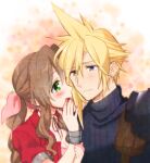  1boy 1girl aerith_gainsborough armor asymmetrical_hair bangs blonde_hair blue_eyes blue_shirt blush bracelet braid braided_ponytail brown_hair choker cloud_strife couple dress earrings final_fantasy final_fantasy_vii fingernails green_eyes hair_between_eyes hair_ribbon jacket jewelry krudears materia parted_bangs pink_dress pink_ribbon red_jacket ribbon shirt shoulder_armor sidelocks single_earring spiky_hair suspenders turtleneck upper_body wavy_hair whispering 