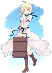  1girl 87banana :o ahoge alternate_costume artoria_pendragon_(fate) bangs bare_legs black_ribbon blonde_hair blue_sky blush boots border breasts brown_footwear commentary_request dress fate/stay_night fate_(series) full_body green_eyes hair_bun hair_ribbon holding holding_suitcase looking_at_viewer medium_breasts open_mouth outdoors ribbon saber short_sleeves sidelocks single_hair_bun sky solo suitcase surprised thigh_boots white_dress 