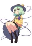  1girl ass bangs black_footwear black_headwear blush boots bow eyebrows_visible_through_hair frills full_body green_eyes green_hair green_skirt hat hat_bow hat_ribbon heart heart_of_string highres kochi_michikaze komeiji_koishi long_sleeves looking_at_viewer miniskirt ribbon shirt short_hair skirt solo thighs third_eye touhou white_background wide_sleeves 