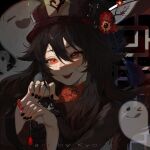  1girl absurdres artist_request black_nails brown_hair coat flat_chest flower genshin_impact ghost hat highres hu_tao_(genshin_impact) jewelry open_mouth red_eyes ring solo symbol-shaped_pupils teeth tongue tongue_out 