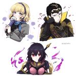  1boy 2girls bangs black_hair blonde_hair constance_von_nuvelle earrings fafnir_(fire_emblem) fire_emblem fire_emblem:_three_houses fire_emblem_heroes hairband hand_fan highres holding holding_fan jewelry medium_hair misato_hao morgan_(fire_emblem) morgan_(fire_emblem)_(female) multicolored_hair multiple_girls purple_hair red_eyes two-tone_hair upper_body violet_eyes 