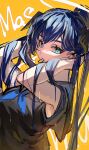  1girl arknights bangs bare_arms black_shirt blue_eyes blue_hair commentary_request hair_tie_in_mouth halo hands_in_hair highres horns long_hair looking_at_viewer mostima_(arknights) mouth_hold shirt solo upper_body yellow_background youyouyou_1211 