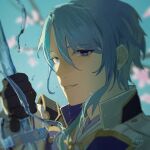  1boy armor bangs black_gloves blue_eyes blue_hair blurry blurry_background branch cherry_blossoms eri96 genshin_impact gloves hair_between_eyes highres holding holding_sword holding_weapon japanese_armor japanese_clothes kamisato_ayato liquid_weapon looking_at_viewer male_focus mole mole_under_mouth parted_lips portrait signature solo sword water weapon 