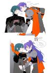  ... 2boys 2girls ? arm_guards armor arval_(fire_emblem) blue_hair blush book byleth_(fire_emblem) byleth_eisner_(female) byleth_eisner_(male) capelet crossed_legs dual_persona english_text expressionless eye_contact fire_emblem fire_emblem:_three_houses fire_emblem_warriors:_three_hopes glaring hair_bun hair_over_one_eye highres holding holding_book kabedon leaning_forward long_hair looking_at_another multiple_boys multiple_girls oratoza serious shez_(fire_emblem) shez_(fire_emblem)_(female) shez_(fire_emblem)_(male) short_hair sitting speech_bubble spoken_ellipsis spoken_question_mark sweatdrop 