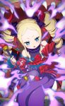  1girl alternate_costume bare_shoulders beatrice_(re:zero) blonde_hair blue_eyes bug butterfly demon_girl demon_horns dress drill_hair fire flower gem highres holding holding_wand horns long_sleeves looking_at_viewer mimic monster_girl official_art open_box open_mouth pearl_(gemstone) purple_dress re:zero_kara_hajimeru_isekai_seikatsu red_flower red_horns red_rose rose symbol-shaped_pupils treasure_chest twin_drills wand 