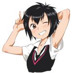  1girl black_hair blush brown_eyes funnyari looking_at_viewer marvel necktie one_eye_closed peni_parker school_uniform short_hair simple_background smile solo spider-man:_into_the_spider-verse spider-man_(series) v white_background 