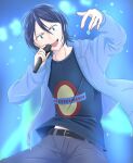  1boy :d belt black_hair blue_background bububu-do_(nanashi) green_eyes hair_between_eyes hands_up holding holding_microphone indoors jacket kabe_taijin male_focus microphone pants paripi_koumei rapping shirt short_hair smile solo standing t-shirt 