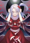  1girl absurdres blurry capelet cowboy_shot dark_background depth_of_field dress eyebrows_behind_hair grey_hair guumin hair_bobbles hair_ornament hands_up highres light light_particles long_hair looking_at_viewer one_side_up red_capelet red_dress shinki_(touhou) short_sleeves simple_background smile solo touhou touhou_(pc-98) wings 