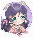  1girl animal_ears aqua_eyes bell blush cable_knit cat_ears chibi closed_mouth commentary crescent earrings eyebrows_visible_through_hair hair_ornament hair_ribbon hairclip jewelry jingle_bell kikuchi_mataha long_hair looking_at_viewer love_live! love_live!_school_idol_festival_all_stars love_live!_school_idol_project neck_bell pink_ribbon pink_sweater purple_hair ribbon simple_background single_bang smile solo star_(symbol) sweater tareme toujou_nozomi twitter_username wavy_hair white_background 