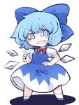 1girl blue_bow blue_dress blue_eyes blue_hair blush_stickers bow cirno collared_shirt detached_wings dress eyebrows_visible_through_hair fairy fried_rice0614 full_body grin hair_bow highres ice ice_wings one-hour_drawing_challenge shirt short_hair short_sleeves simple_background smile solo touhou white_background white_shirt wings 