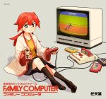  1girl absurdres bangs barceltime blush bright_pupils brown_eyes brown_legwear brown_skirt cable closed_mouth commentary controller eyebrows_visible_through_hair famicom_cartridge famicom_disk_system famicom_gamepad game_controller grey_background highres holding holding_controller holding_game_controller knees long_hair original redhead shirt sitting skirt smile socks television twintails twitter_username white_pupils yellow_shirt 