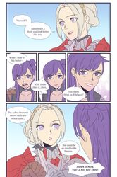  1girl 2girls alternate_costume alternate_hair_length alternate_hairstyle armor asymmetrical_clothes bangs blue_hair cape choker closed_mouth edelgard_von_hresvelg english_text fire_emblem fire_emblem:_three_houses fire_emblem_warriors:_three_hopes gloves hair_between_eyes hair_bun hair_ornament highres long_hair multiple_girls official_alternate_costume official_alternate_hairstyle purple_hair radiostarkiller shez_(fire_emblem) shez_(fire_emblem)_(female) single_hair_bun violet_eyes white_hair 