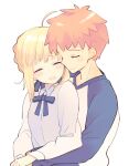  1boy 1girl 87banana ahoge artoria_pendragon_(fate) bangs blonde_hair blue_bow blue_bowtie blue_shirt blush bow bowtie closed_eyes closed_mouth commentary_request couple embarrassed emiya_shirou fate/stay_night fate_(series) happy hetero hug hug_from_behind open_mouth orange_hair raglan_sleeves saber shirt sidelocks simple_background smile upper_body white_background white_shirt 