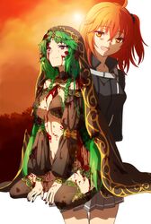  2girls bangs black_skirt blood blood_in_hair blood_on_clothes blood_on_face blood_on_hands breasts closed_mouth crossed_bangs fate/grand_order fate_(series) fujimaru_ritsuka_(female) green_hair grey_skirt hair_ornament kneeling large_breasts long_hair long_sleeves multiple_girls oiun open_mouth orange_eyes orange_hair salome_(fate) side_ponytail skirt smile violet_eyes 