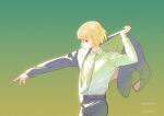  1boy arm_out_of_sleeve bangs blonde_hair bob_cut collared_shirt cowboy_shot dated dress_shirt dressing formal frown gradient gradient_background green_background grey_jacket grey_pants hand_up highres hunter_x_hunter jacket kariki_hajime kurapika long_sleeves looking_away looking_down male_focus outstretched_arm pants profile red_eyes shirt short_hair solo suit sunlight two-tone_background white_shirt yellow_background 