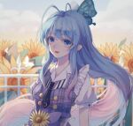  1girl big_eyes butterfly_hair_ornament clouds collared_dress douluo_dalu dress flower hair_ornament jiu_zui_lan_qin_rao_yin_shuang long_hair multicolored_hair necktie ribbon short_sleeves sky smile solo sparkle sunflower tang_wutong_(douluo_dalu) upper_body 