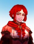  1girl absurdres cape dress eyebrows_visible_through_hair fire_emblem fire_emblem:_three_houses fire_emblem_warriors:_three_hopes hair_bun highres long_sleeves looking_at_viewer monica_von_ochs red_eyes redhead sethkiel short_hair simple_background single_hair_bun smile solo upper_body 