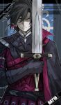  1boy angry armor black_armor black_cape black_gloves black_hair blue_background cape commentary constantine_xi_(fate) dated_commentary english_text fate/grand_order fate_(series) flag frown gloves grey_background grey_eyes highres holding holding_sword holding_weapon kankan33333 looking_at_viewer male_focus red_cape serious shaded_face short_hair solo sword two-sided_cape two-sided_fabric upper_body weapon 
