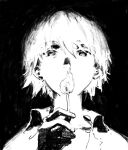  1boy bangs collared_shirt covered_mouth dark eye_reflection fire greyscale hair_between_eyes hand_up highres holding kgeroua looking_at_viewer looking_down male_focus matches matchstick monochrome nagisa_kaworu neon_genesis_evangelion portrait reflection shirt short_hair simple_background sketch solo 