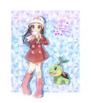  1girl artist_name beanie black_hair blue_eyes blush boots buttons closed_mouth coat cocoloco commentary_request dated hair_ornament hairclip hat hikari_(pokemon) long_hair own_hands_together pigeon-toed pink_footwear poke_ball_print pokemon pokemon_(creature) pokemon_(game) pokemon_dppt pokemon_platinum red_coat scarf smile thigh-highs turtwig twitter_username white_headwear white_legwear white_scarf 