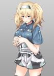  1girl abataa absurdres blonde_hair blue_eyes blue_shirt breast_pocket breasts collared_shirt cowboy_shot gambier_bay_(kancolle) hairband highres kantai_collection large_breasts multicolored_clothes multicolored_hairband multicolored_shorts pocket shirt short_shorts short_sleeves shorts solo standing twintails 