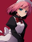  1girl apron bangs blue_eyes bow bowtie closed_mouth eyebrows_visible_through_hair highres hisui_(tsukihime) itsuka_neru juliet_sleeves long_sleeves looking_at_viewer maid maid_headdress pink_hair puffy_sleeves red_background red_bow red_bowtie short_hair simple_background solo tsukihime v_arms white_apron 