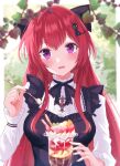  1girl blush bow cat_hair_ornament food frills fruit hair_bow hair_ornament highres holding holding_spoon looking_at_viewer original parfait redhead solo spoon strawberry su2525 violet_eyes 