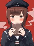  1girl brown_eyes brown_hair clothes_writing cup dress hachino_mugi hat highres holding holding_cup kantai_collection long_sleeves red_background sailor_collar sailor_dress sailor_hat short_hair solo tongue tongue_out upper_body z3_max_schultz_(kancolle) 