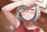  1girl arm_over_head arm_up armpits bangs blurry blurry_background blush covering_eyes frikulu from_below grey_hair hair_over_one_eye indoors jersey looking_to_the_side one_eye_closed original parted_lips sleeveless sportswear steam sweat sweaty_clothes violet_eyes 